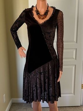 Black Lace & Velvet Long-Sleeve Fit-and-Flare Dress